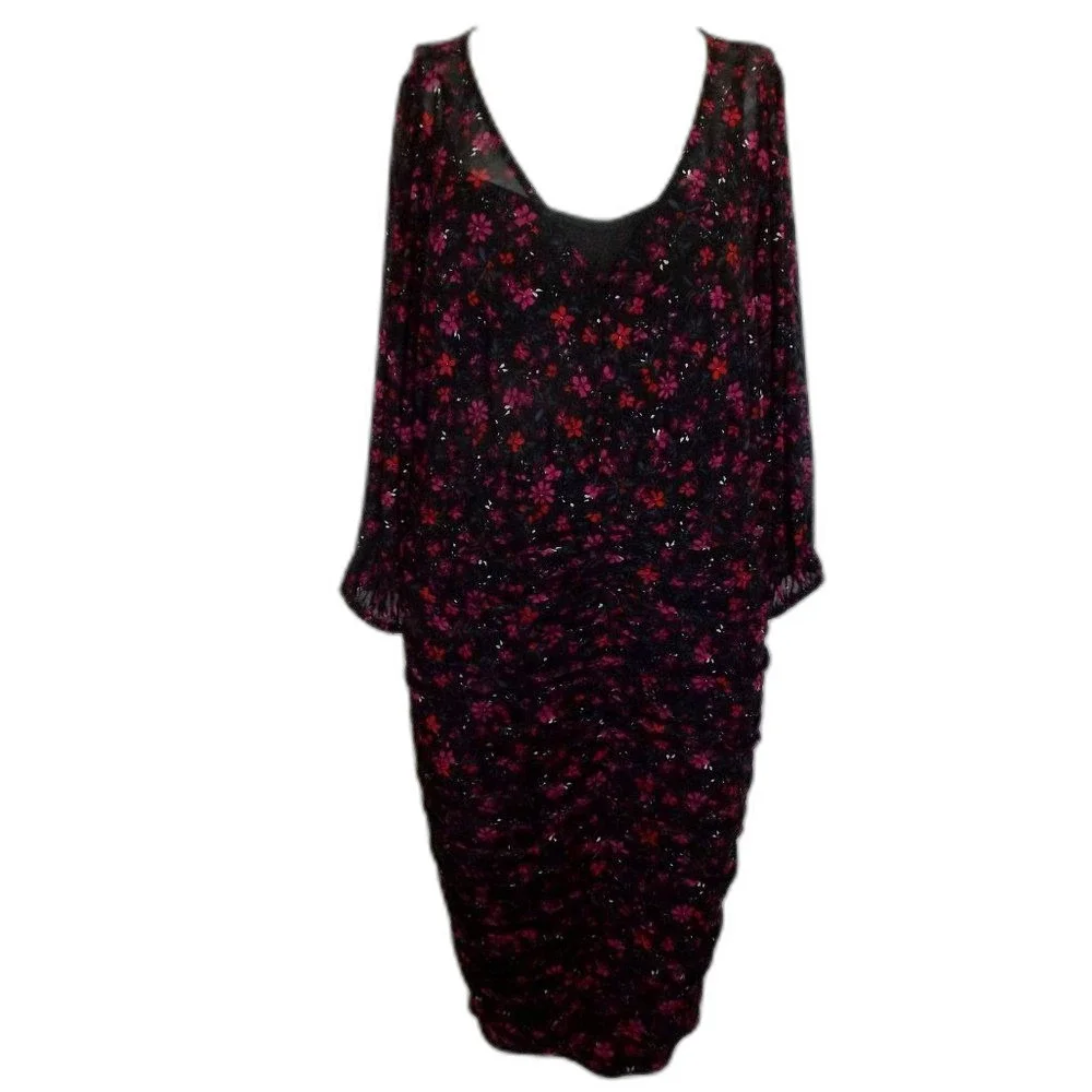 new TORRID Dress, 0/L, Black, Red/Purple Floral, Ruched Skirt, Scoop neck, Meshy - Picture 10 of 16